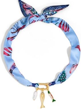 Silk Blue Scarf Necklace with Gold Fish Charms